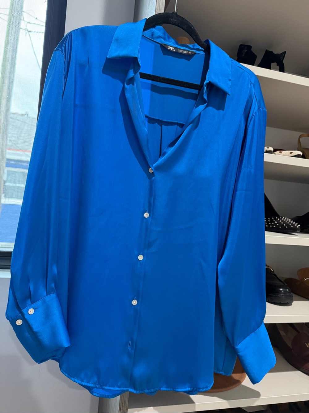 Zara Women’s Vibrant Blue Satin Button-Down Shirt